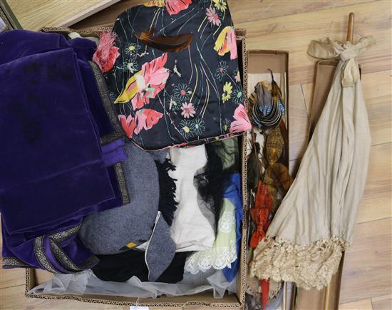 Three velvet panels, mixed netted petticoats, a parasol and hat feathers, etc.